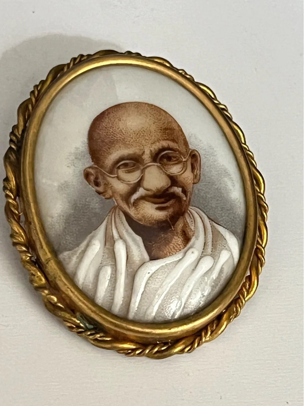 Limoges France Brooch Mahatma Gandhi Porcelain Hand-Painted, Gold Gilt Frame